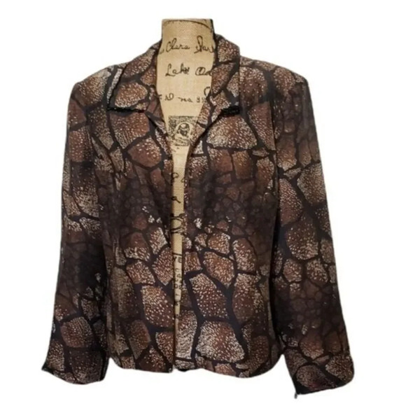 RUSSELL KEMP‎ ANIMAL Print Silk Beaded Blazer Jacket Size Large Brown - Picture 1 of 8